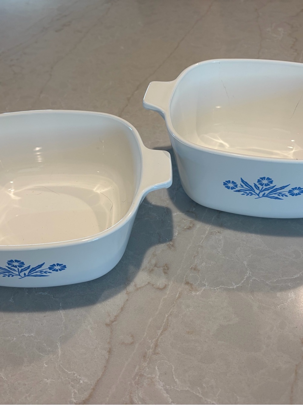 CORNING WARE White Ceramic Casserole Dishes with Blue Floral Motif